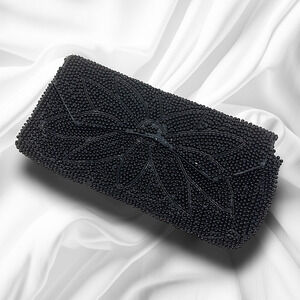 Vintage La Regale Japan Black Beaded Sequin Evening Bag Clutch Floral Pouch READ